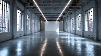 An expansive and empty industrial loft space, featuring large windows, concrete floors, and minimalist lighting, creating a modern and versatile setting