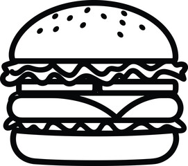 Delicious burger line art, cartoon hamburger with lettuce cheese and bun, fast food illustration for coloring page and kids menu design