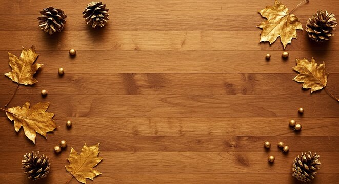 Autumnal elegance golden leaves and pine cones on a wooden backdrop creating a luxurious seasonal