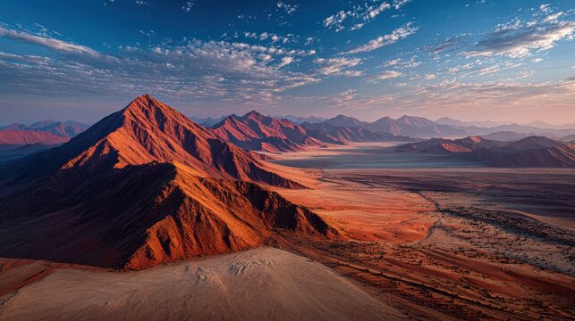 Aerial view of the namib desert mountains at sunrise with a dramatic sky and beautiful light