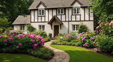 Naklejka premium Charming Tudor-style cottage with a picturesque garden blooming with colorful flowers and lush