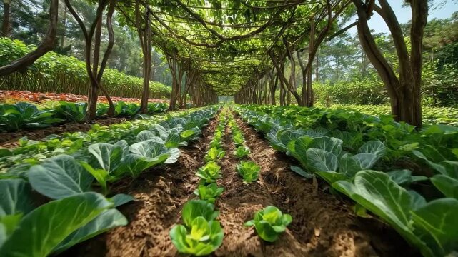 Vibrant arrangement of vegetables beneath a flourishing canopy in a lush garden during early morning light
