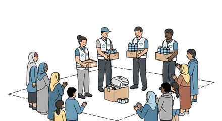 Illustration of people distributing food boxes to a diverse group in a circular formation with a neutral color palette.