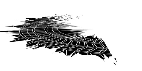Tire tread marks, wheel textures, tire marks - car racing, motocross, drift, rally, off-road and others. Vector black isolated texture in grunge style with splashes.eps10