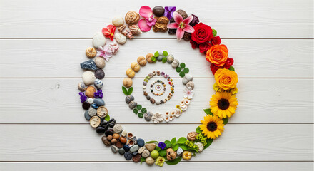 A beautiful flat lay spiral of the four seasons. This nature collage of flowers, leaves, and stones on white wood symbolizes the cycle of life.
