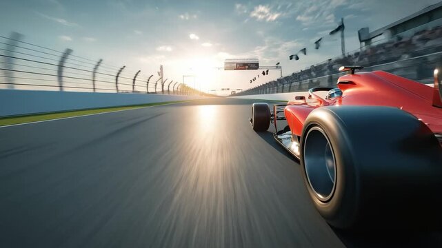 High speed racing car accelerating along the track at sunset, showcasing dynamic motion and excitement in a thrilling motorsport event