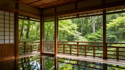 Fototapeta premium Traditional Cultural Japanese Wooden Room with Scenic View