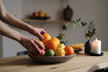 Happiness for a living mindset guide concept. A person arranging colorful fruits in a bowl on a wooden table with a candle and greenery nearby.