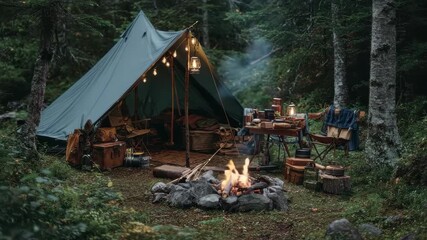 Outdoor camping setup in a serene forest with a cozy campfire and illuminated tent during twilight hours - Powered by Adobe