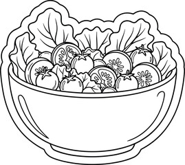 Fresh salad bowl, vegetable food illustration, healthy greens with tomatoes and lettuce, line art organic meal, vegan nutrition graphic