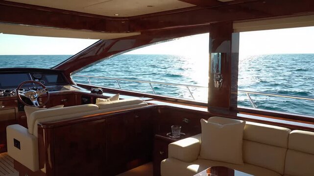 Luxurious yacht interior with modern seating and ocean view  