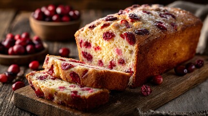 A sliced cranberry-orange loaf on wooden board, rustic linen backdrop, natural morning light