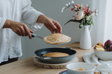 Happiness for a living mindset guide concept. Cooking pancakes in a cozy kitchen with fresh ingredients and decor.