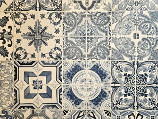 Vintage ceramic tile pattern in blue and white ornamental design, seamless classic decorative motif for interior wall, kitchen backsplash, or retro style background