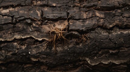 Close-up flat lay of tree bark with deep cracks, small plant roots crawling across the surface, wood tones of dark brown with pale roots
