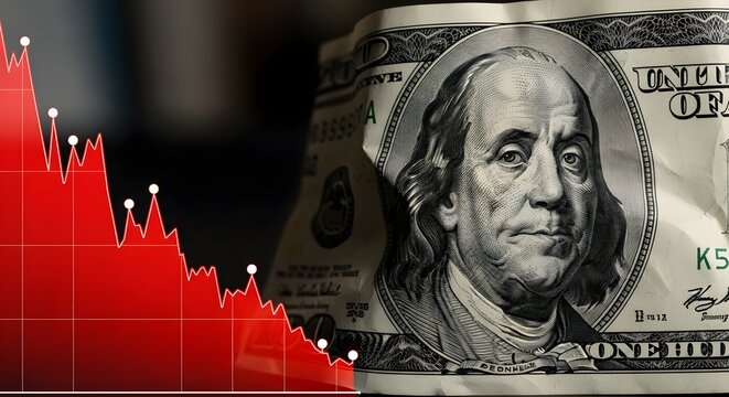Close up of a us hundred dollar bill with a red downward trending stock market graph in the background
