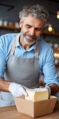 Experienced craftsman inspecting various cheese types for quality in a local artisan cheese shop.