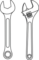 Wrench and adjustable spanner tools, hand tool line drawing, mechanical repair instruments vector, outline hardware equipment illustration for construction and maintenance