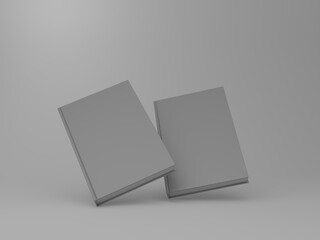 Hardcover book template, two white blank books standing floating on white background for design purposes, 3d rendering