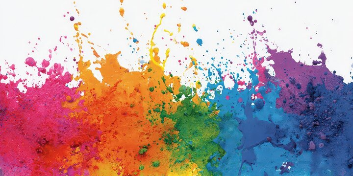 Abstract Colorful Paint Splatter Against White Background Depicting Vibrant Explosion of Hues and Texture
