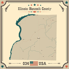 Large and accurate map of Hancock County, Illinois, USA with vintage colors.