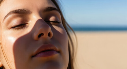 Mental Wellness: Calm Young Woman Relaxing by the Sea Absorbing Sunlight.