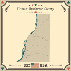 Large and accurate map of Henderson County, Illinois, USA with vintage colors.