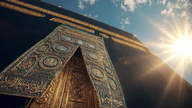 Stunning low angle view of the Kaaba in Mecca, Saudi Arabia illuminated by sunlight during the day with vivid details of its ornate decoration