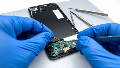 Skilled technician meticulously repairs smartphone circuitry with precision tools, showcasing expert device maintenance and technology repair services.