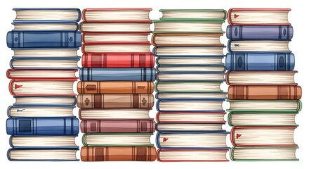 A vertical stack of vintage hardcover books with colorful spines arranged neatly on a white background