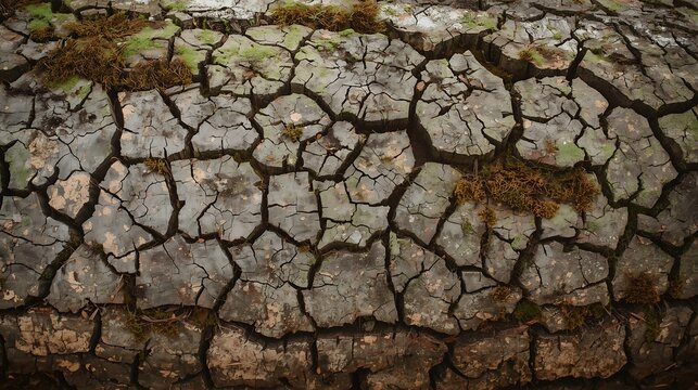 Close-up flat lay of natural tree bark with cracked surface and organic grooves, soft moss growing in the crevices