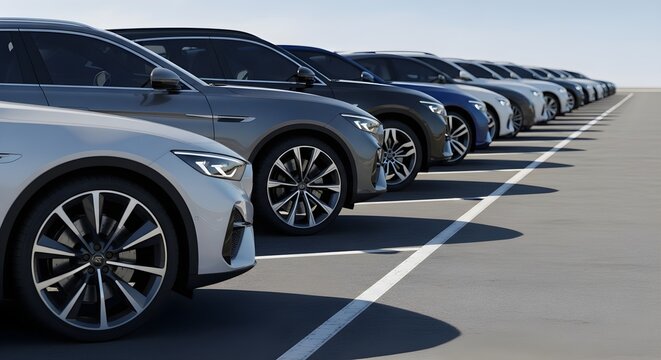 Modern luxury cars parked in a neat row on an asphalt lot under a bright sky