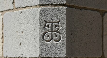 Close-up of intricate symbol carved in light-colored brick wall corner