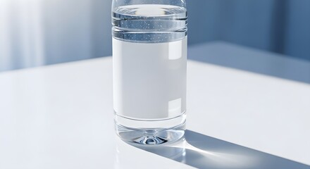 A tall clear glass filled with pure clear water casting a long sharp shadow on a white surface with soft blue background