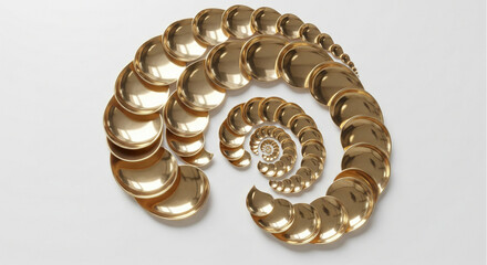 An elegant, golden spiral sculpture representing the Fibonacci sequence or Golden Ratio. This modern, abstract design symbolizes luxury, growth, and perfect harmony.