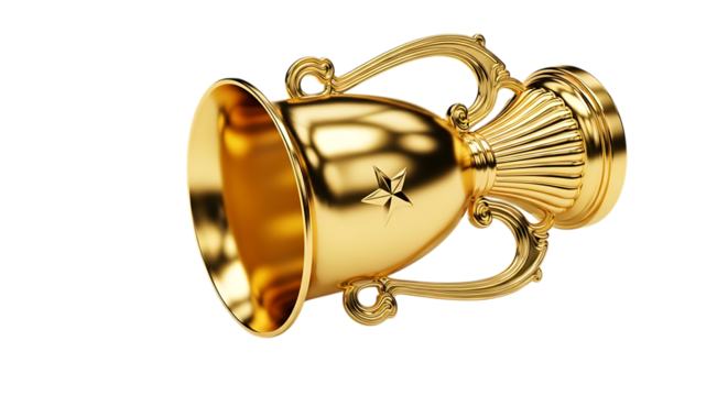 Golden trophy cup with ornate handles isolated on transparent background