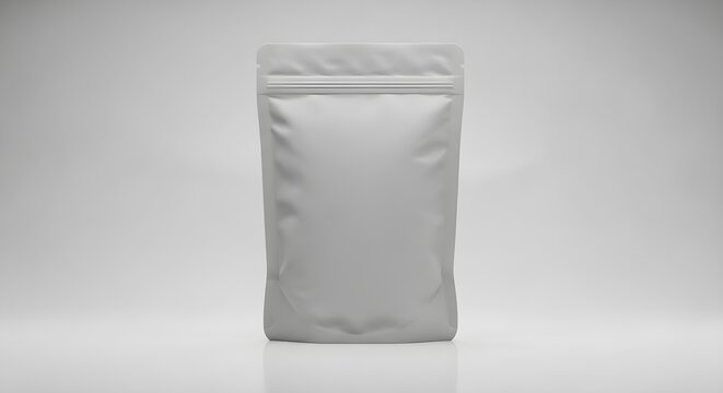 Blank white stand up pouch with resealable zipper closure on a clean white background for product packaging mockup