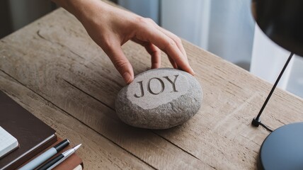 Happiness for a living mindset guide concept. A hand touches a stone inscribed with the word "JOY" on a wooden desk.