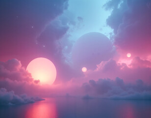 A surreal, vibrant alien landscape featuring two large moons/planets and smaller celestial bodies suspended in a sky of glowing pink, purple, and blue clouds, reflected over a calm ocean.