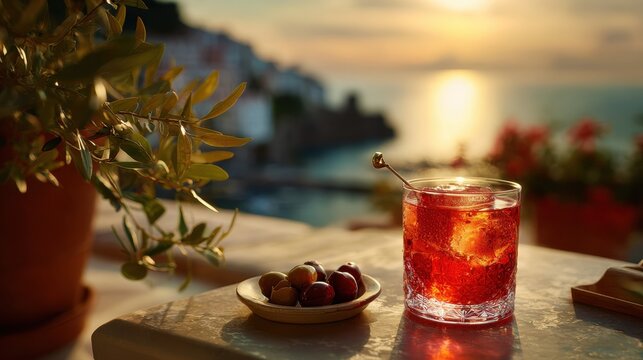 Red cocktail with ice in crystal glass served outdoors with olives and olive branch on marble table in sunny mediterranean coastal setting at golden hour