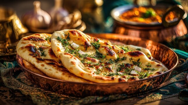 Traditional naan bread with herbs and garlic served on ornate copper plate with curry in background on rustic ethnic table setting with authentic decor