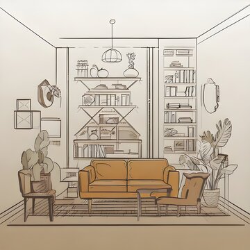 Cozy Living Room Interior Sketch with Furniture and Decor.