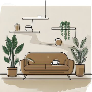 Cozy Living Room Interior with Plants and Modern Decor.