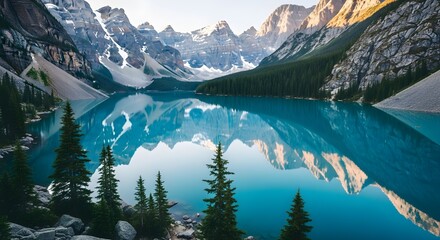 Stunning turquoise glacial lake reflecting majestic snow capped mountains and evergreen trees in a serene natural landscape