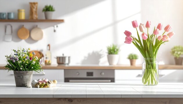 Bright Kitchen Interior with Tulips and Potted Plants.