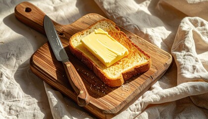 Golden brown toast with a thick slice of butter on a rustic wooden cutting board with a knife and textured fabric background with warm morning sunlight casting shadows