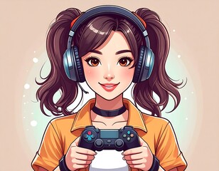 Animated girl with pigtails and headphones holding a game controller