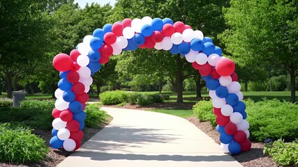 Red White and Blue Balloon Arch in a Green Park Setting on a Sunny Day - Powered by Adobe
