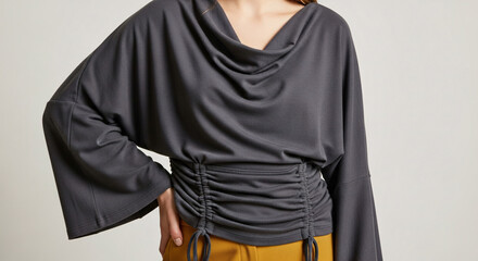 Elegant Grey Blouse with Drawstring Detail and Bell Sleeves
