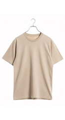 Beige T-Shirt Hanging on a Wire Hanger in Studio Light